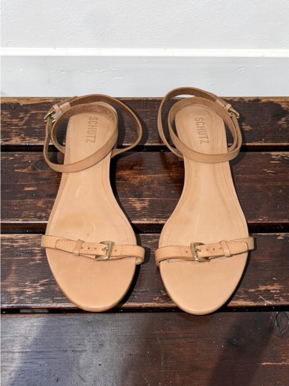 SCHUTZ Aurora Tan Leather Block Heel Sandals with Gold Buckle Size 9.5 - Picture 5 of 7